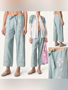 Forte_Forte Oniric Blossom Embroidered Linen Pants Aqua Small 1 NWT $580